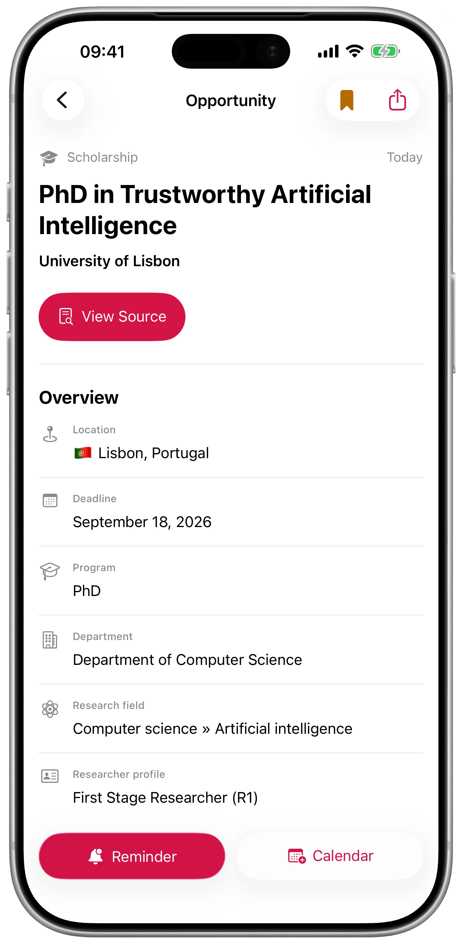 Opportunum on iPhone showing the details and deadline actions for a research opportunity