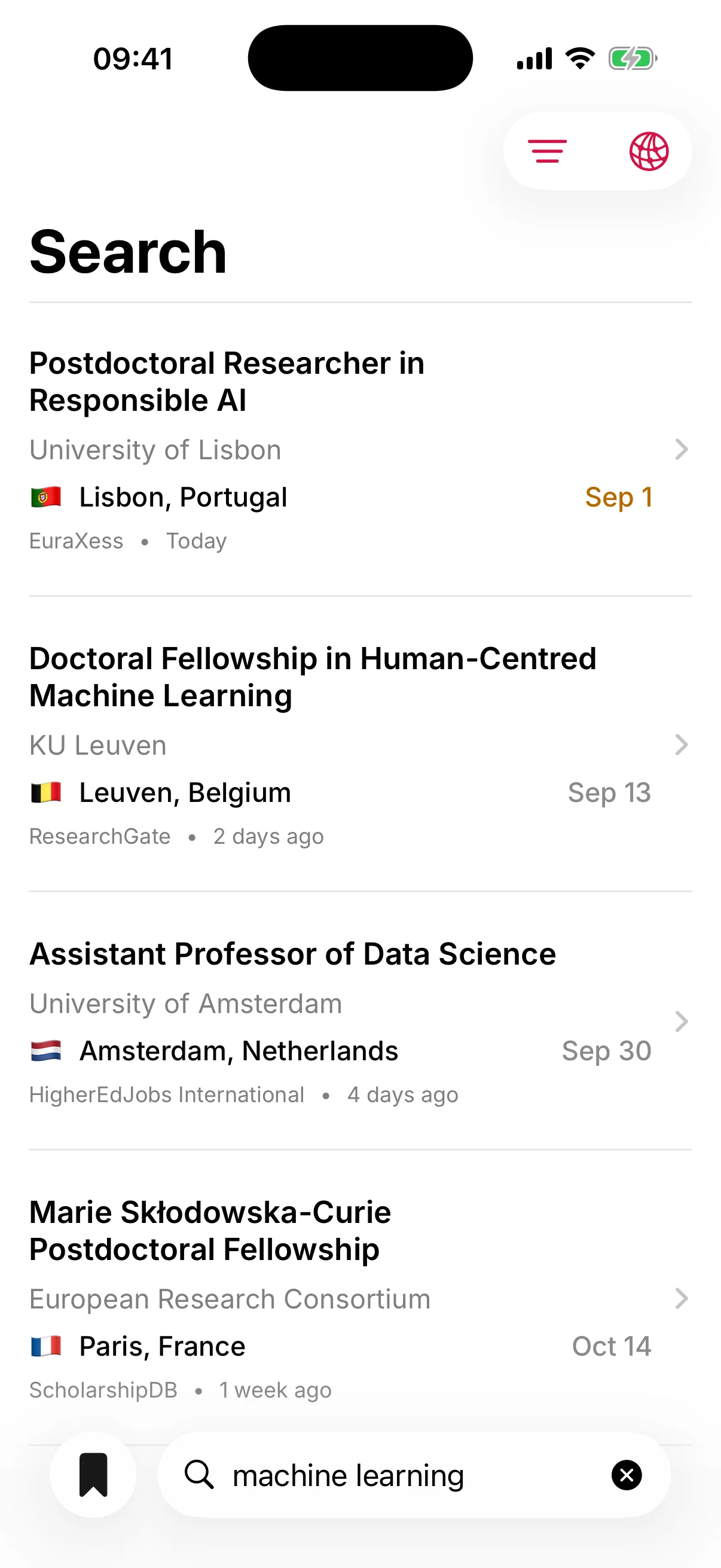 Opportunum on iPhone, showing a search for machine learning academic opportunities