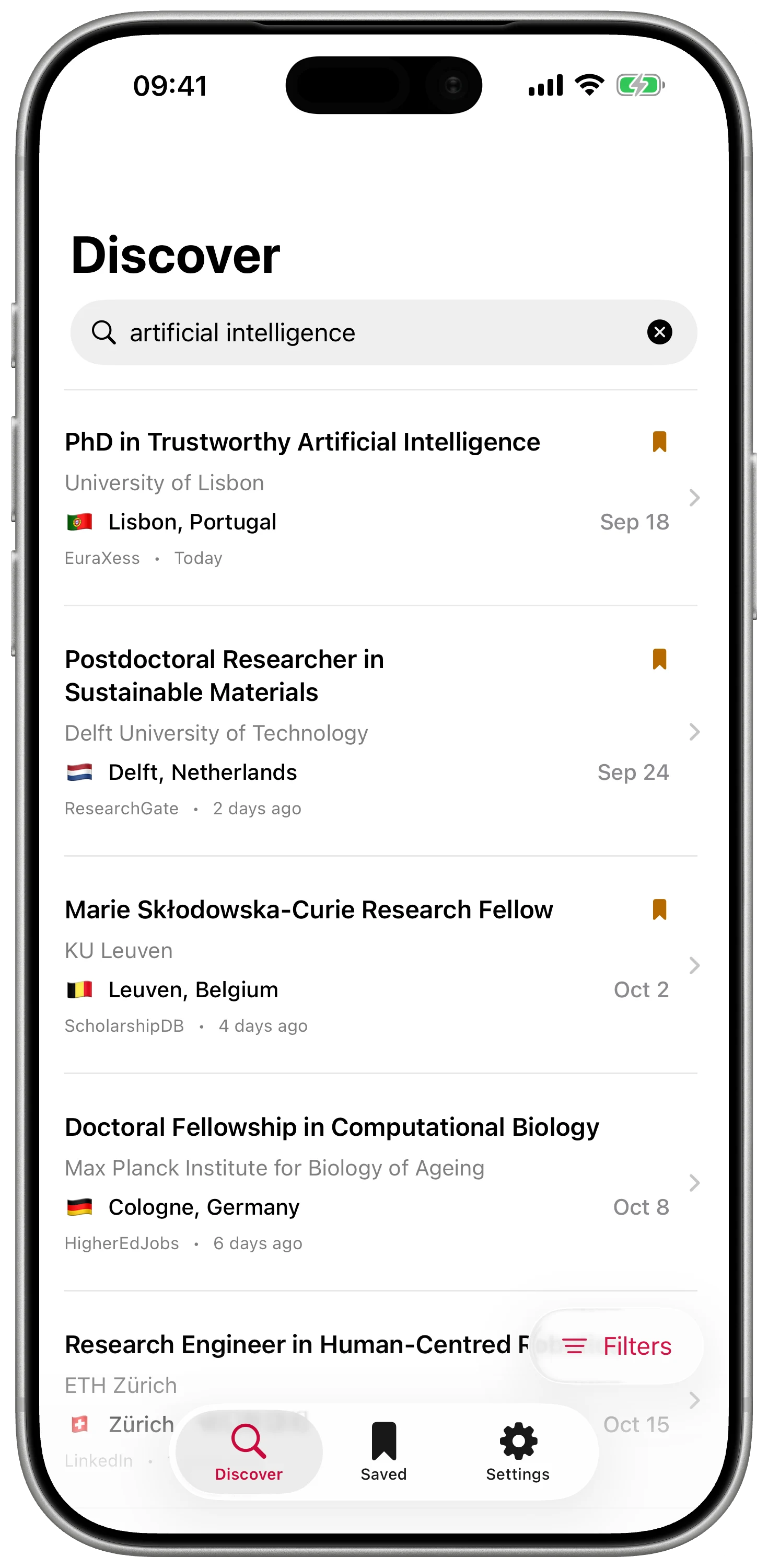 Opportunum on iPhone showing current academic opportunity search results